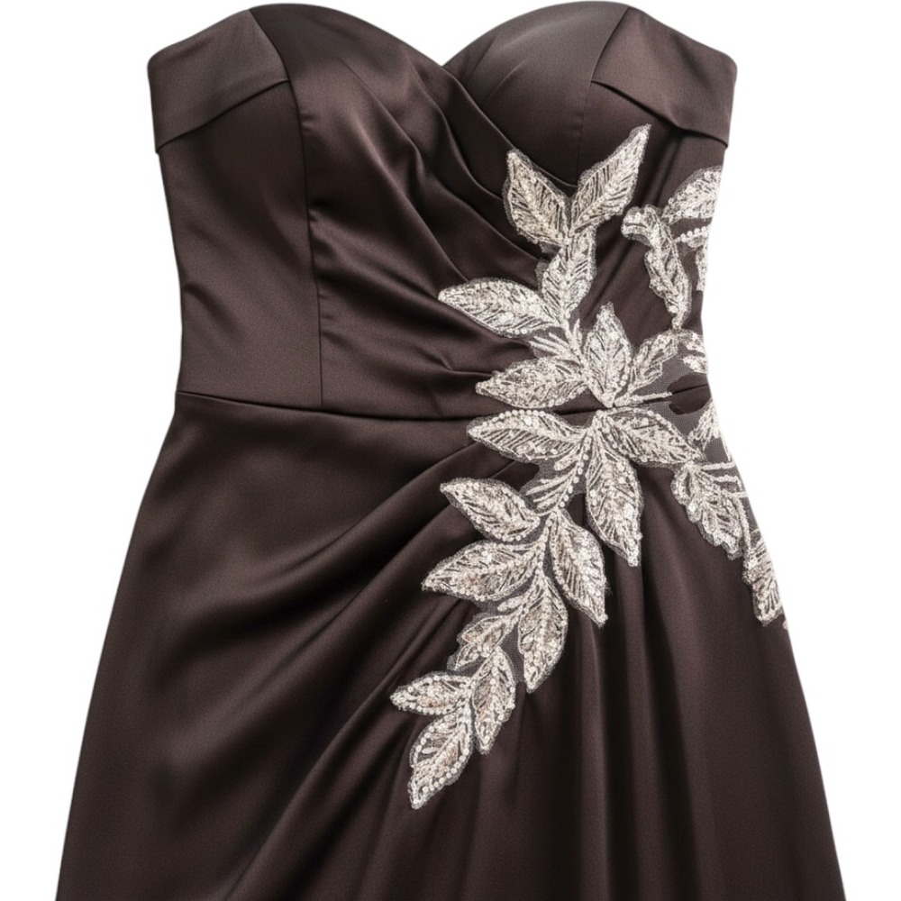 Brown Satin Formal Gown Sweetheart Sequin Leaf Applique Corset Back‎ Prom Dress